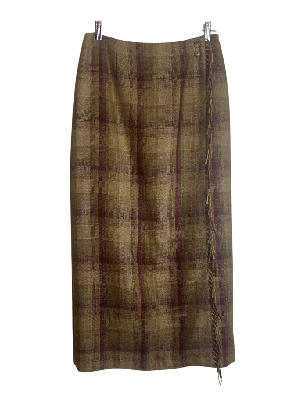 Vintage Talbots 100% Wool Plaid Fringed Wrap Maxi Skirt - Size 8 - Pristine